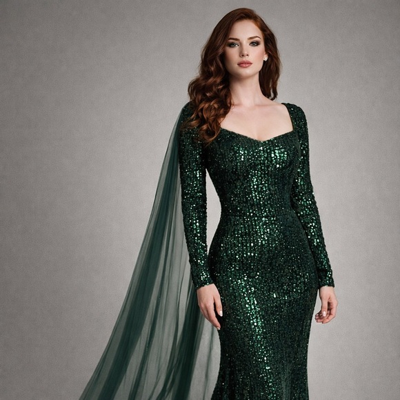 Emerald Green Sequin Gown Medium Stretch Formal Dress w/ Train - Picture 13 of 13